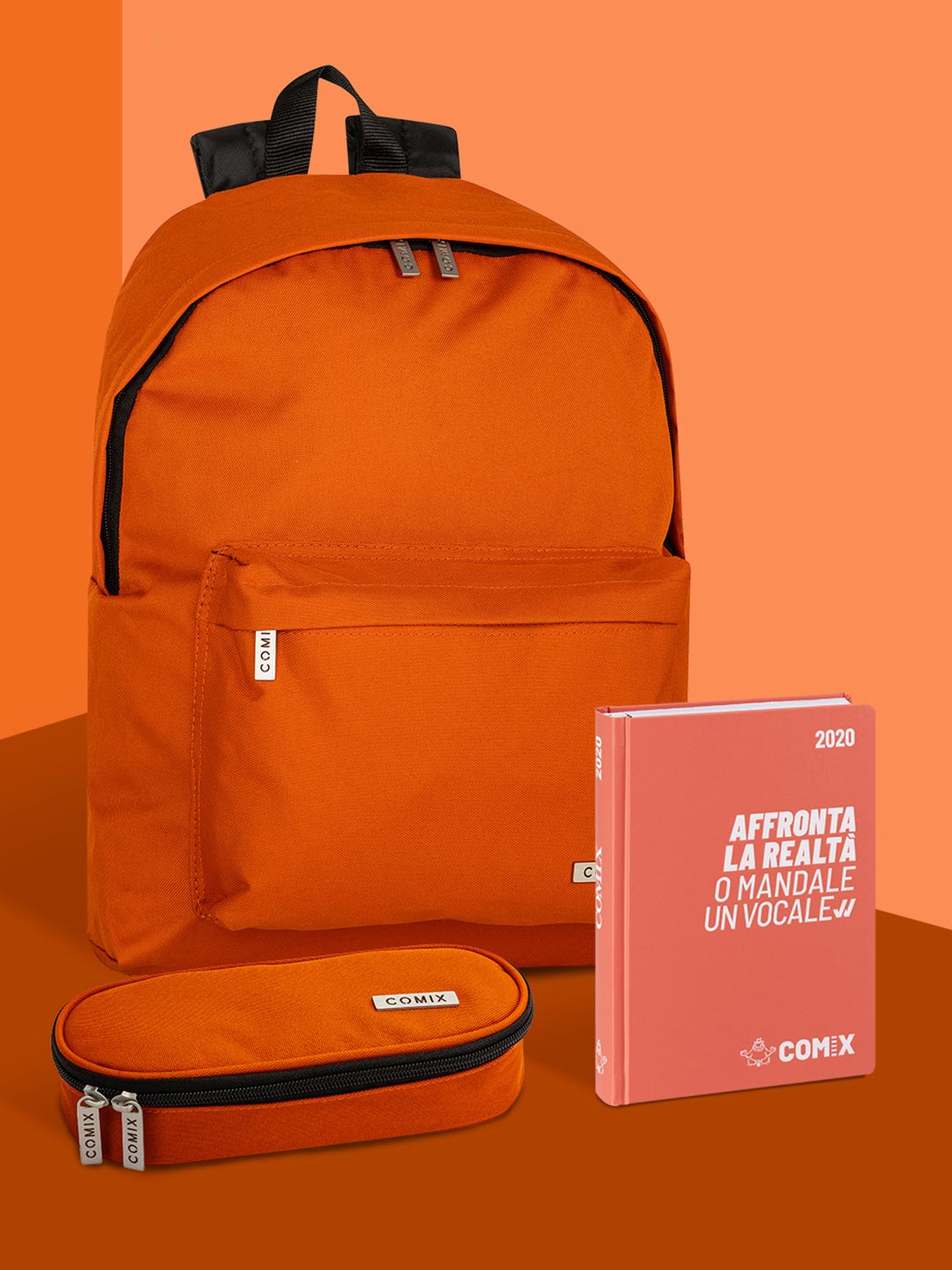 Comix orange backpack, diary and pencil case